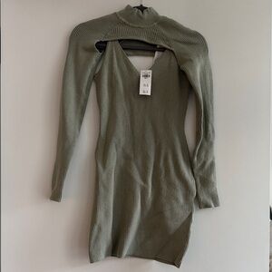 Abercrombie & Fitch Olive Sage Ribbed Long Sleeve Dress with Neck Cutout 2pc